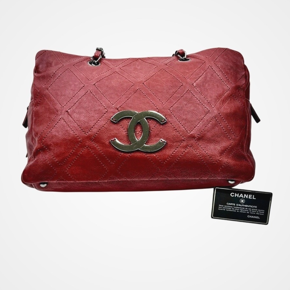 Chanel Bordeaux Red‎ Leather Diamond Stitch CC Logo Chain Bag Silver Hardware